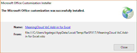 MeaningCloud VoC Add-in for Excel Installation Finished