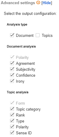 Sentiment Analysis advanced settings