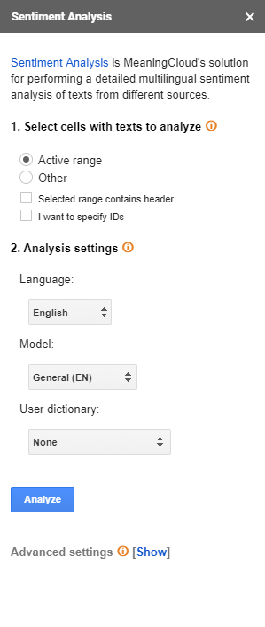 Sentiment Analysis user interface