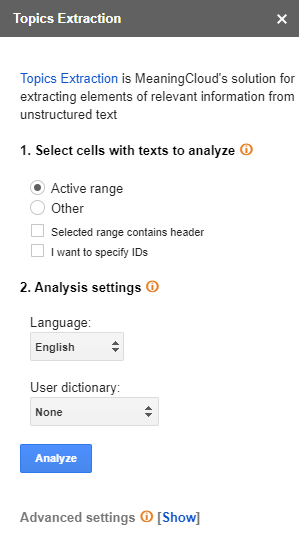Topics Extraction user interface
