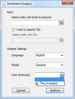 Sentiment Analysis Excel Add-in interface