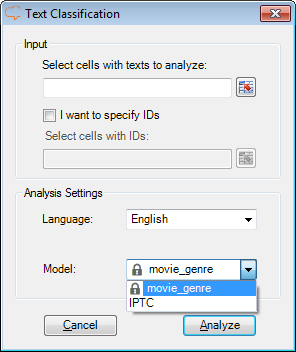 Text classification Excel Add-in interface