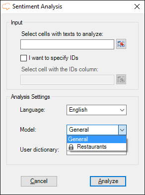 Sentiment analysis Excel Add-in interface
