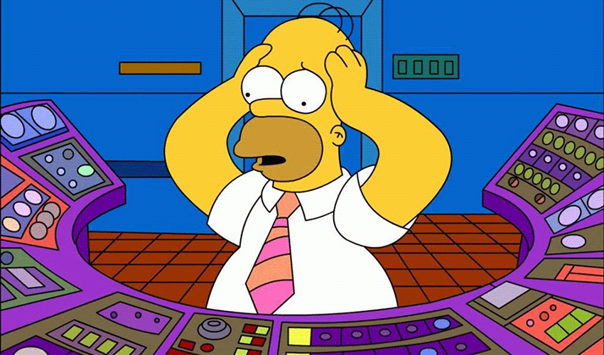 Homer Simpson confused at the nuclear power station controls